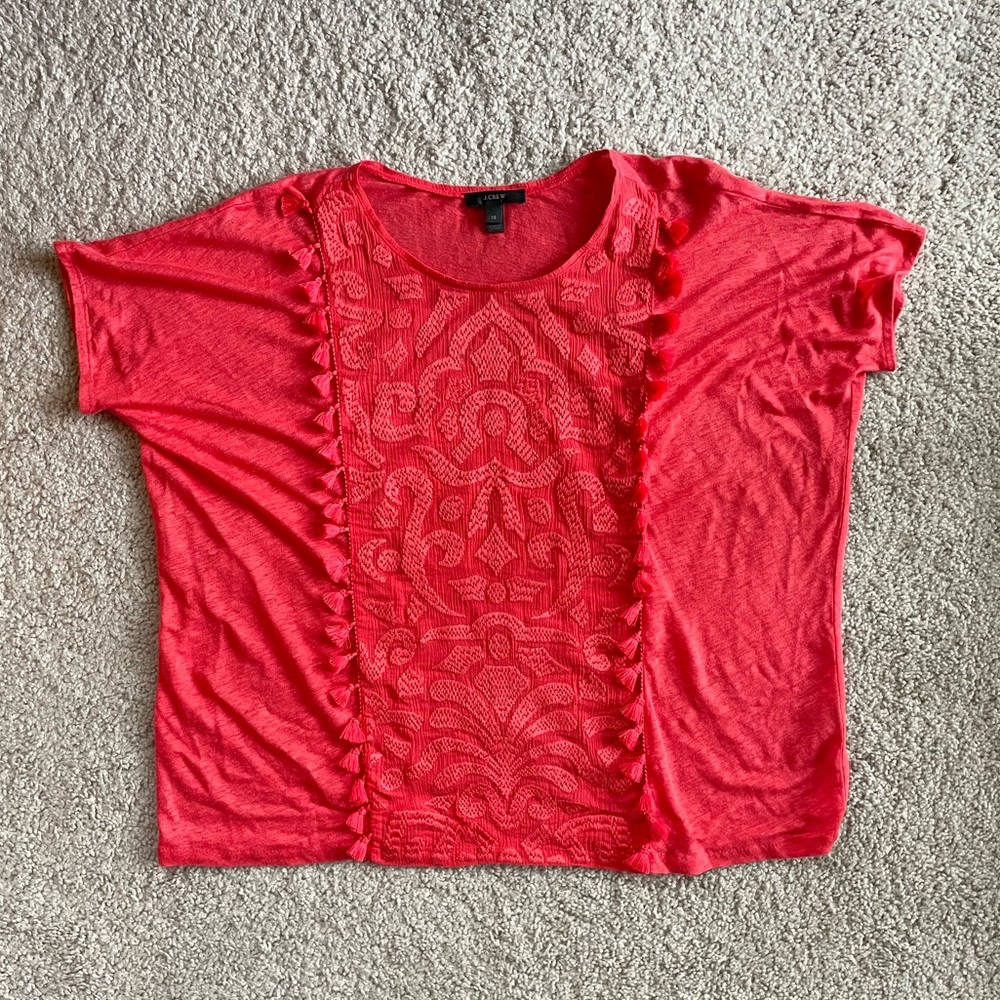 J. Crew Linen Coral Tassels Embroidered Boho Short Sleeve Top Size Oversized XS - Picture 3 of 10